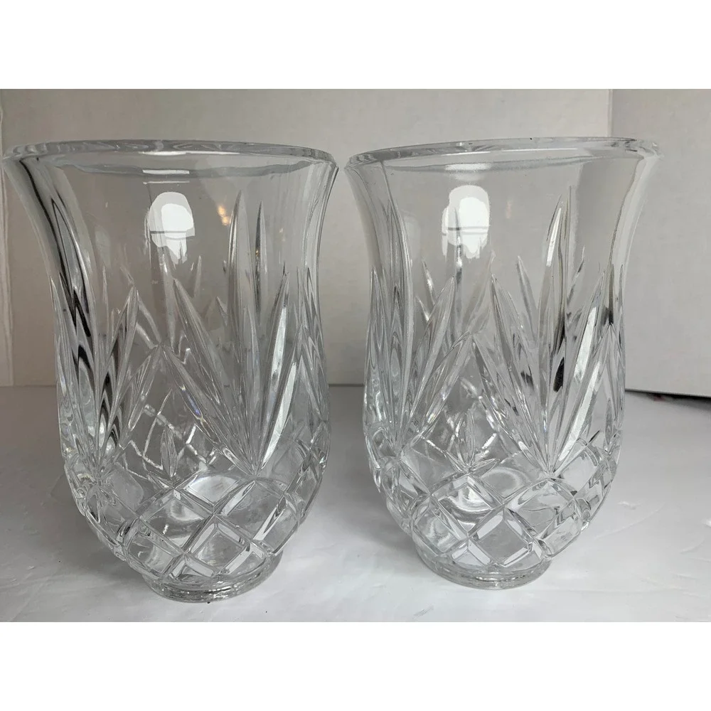 Vintage Clear‎ Cut Glass Hurricane Candle Shades Diamond Leaf Pattern Set of 2